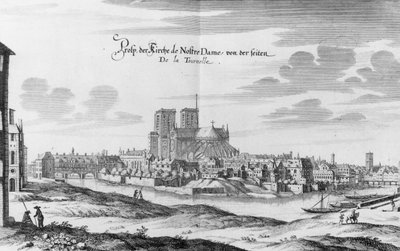 Uitzicht vanaf de linkeroever van de Seine naar het Île de la Cité en de Notre Dame, uit 